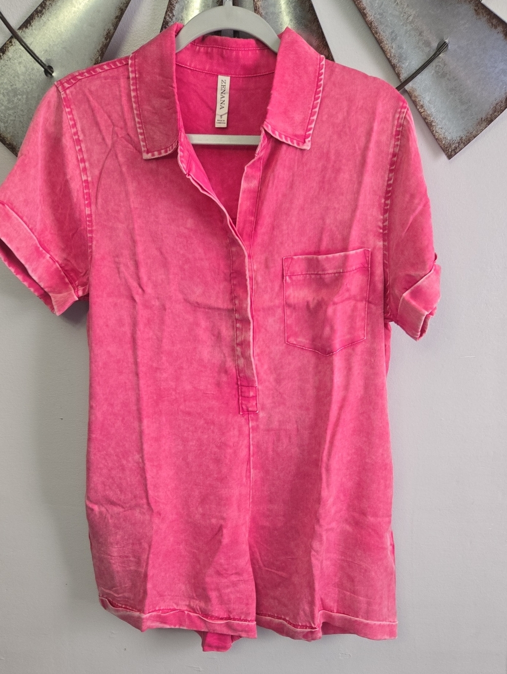 Zenana RomperOutfitters Bright Pink Short Sleeve Pullover Top